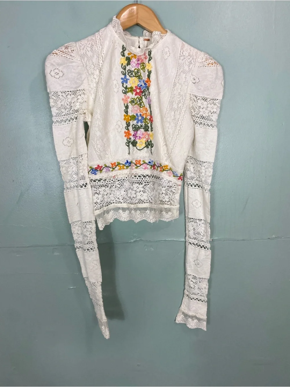 Free People Garden Grace Top Lace Ivory Embroidered Floral XS